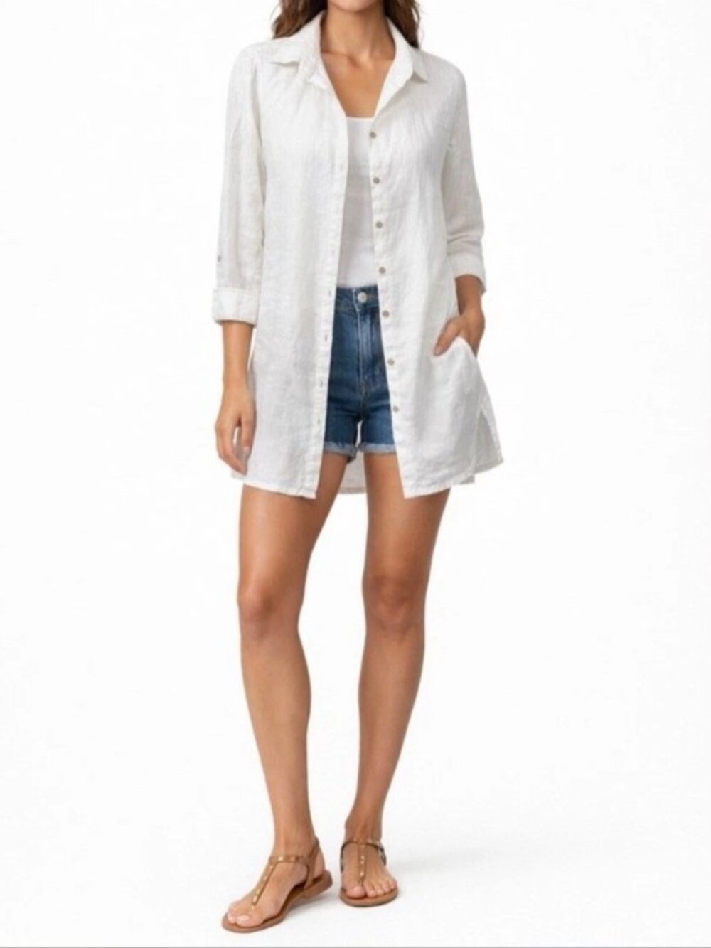 TAHARI Essentials White 100% Linen Long Sleeve Women's Tunic Shirt - Size 1X